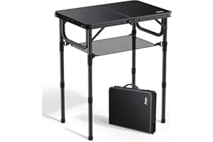 Anbte Folding Camping Table with Storage Net, 3 Adjustable Heights 2ft Aluminum Small Folding table, Lightweight Outdoor table, Portable Handle for Travel, Picnic, Camping, 60cm x 40cm, Pure Black