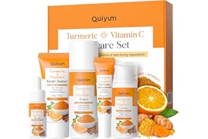 QUIYUM Soins pour le Visage Curcuma Vitamine C, Coffrets Cadeau de Soins pour la Peau, 5 Pièces Soins Visage Hydratants avce Nettoyant Visage Curcuma Toner Crème pour les Yeux Essence Crème
