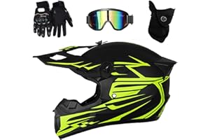 ABXUJWUB Kinder Motorradhelm Downhill Set - Leichter Vollvisierhelm mit stylischem Heckflügel-Design, Belüftung + Brille+Handschuhe für Jungen/Mädchen (MTB/BMX/Enduro)(As Yellow,XL(58~59cm))