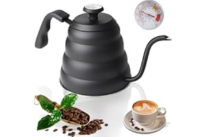 EFUTURETIME Hervidor de Agua con Cuello de Cisne de Acero Inoxidable 1.2 L, Hervidor de Agua con Termómetro para Placas de Gas e Inducción, Gooseneck Kettle para Preparar Té y Café, Negro