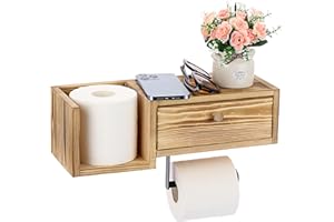 BTSKY Naścienny drewniany uchwyt na papier toaletowy z półką i szufladą, uchwyt na rolkę papieru toaletowego z pudełkiem do przechowywania, dozownik chusteczek, organizer do przechowywania, jasny