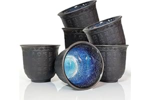 NIUKOMY Juego de 6 Taza de Té Japonés, Taza de Té Chino Kung Fu Porcelana, Taza Pequeña sin Asa de Cerámica, Asiática Taza en Relieve Texto de la Buena Suertea 160 ML Negro