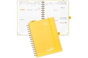 POPRUN Agenda 2024 2025 Semainier 21 x 16,5cm, Planner Vertical Scolaire 17 Mois D'août 2024 à déc 2025 avec Couverture Rigide Spirale, Poche intérieur, Papier Certifié FSC®80 g/m² - Jaune clair