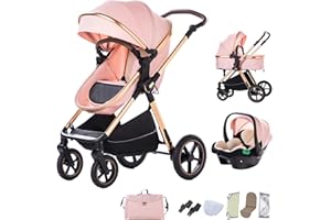 BEBBY 3-in-1 Kinderwagen KombiKinderwagen-Set 2-in-1 Buggy faltbar Luxus Hochlandschaft Neugeborenes Tragbarer Zusammenklappbarer Kinderwagen Travel System (D2-Pink, H2-D)