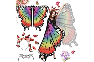CYNNXIA Butterfly Wings Adult Womens Butterfly Shawl Fairy Wings Colorful Nymph Pixie Butterfly Costume with Butterfly Headband and Lace Mask for Halloween Carnival Christmas Party Dress Up