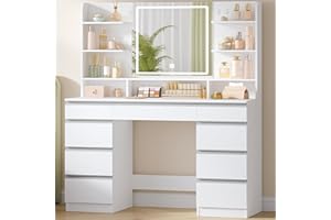 Hzuaneri Große Schminktisch mit LED-Beleuchtung, 3 Farben, Helligkeitsregulierung, Schminktisch mit Spiegel, 9 Schubladen, 9 offenen Ablagen, Moderner Stil, Weiß-Silber DT41903W