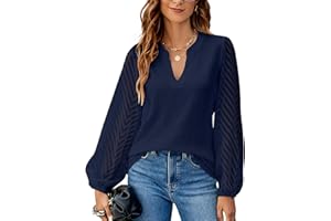 Atxnn Camiseta Mujer Blusa de Encaje Manga Larga Elegantes Top Chifón Informal Camisa con Cuello en V Otoño Túnica Color Sólido de Trabajo