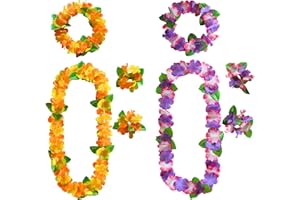 AWCIGG Zestaw hawajskich naszyjników, żółto-zielono-fioletowo-różowe, hawajskie kwiaty, opaska na czoło i bransoletka, łańcuszek z zielonymi liśćmi, łańcuszek hawajski o wysokiej gęstości, dekoracja na imprezę