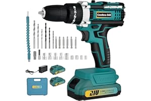 NUZEKY Household zestaw wiertarko-wkrętarek ręcznych 21 V: wiertarka akumulatorowa z 2 akumulatorami 2000 mAh, 45 Nm Max Drill zestaw 25 + 3 pary, 24 sztuki wiertarek akumulatorowych, 2 prędkości, światło