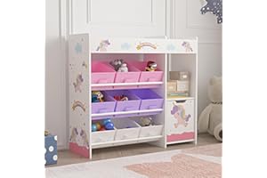 [en.casa] Scaffale per Cameretta con 9 Scatole Pieghevoli Porta Giocattoli Scomparto Chiuso con Anta e Ripiano Mobile Contenitore a Misura di Bimbi - Design Unicorno - Viola/Rosa