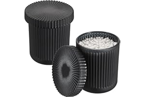 OLegei Glass Cotton Ball and Swab Holder Organizer, Set of 2 Bathroom Glass Storage Jars with Lid, Q-tips Floss Dispenser, Vanity Makeup Accessories Storage Jar, Apothecary Storage Canister (Black)