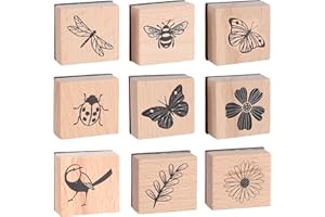 ADLABLD 9Pcs Wooden Rubber Stamp Set, Vintage Rubber Stamps for Crafting, Butterfly, Bird, Ladybird & Plant Journal Stamps for Arts & Crafts, Stationary, Scrapbooking, School Projects, Journals