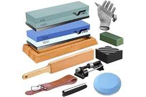 vuwo Knife Sharpening Stone Kit - Whetstone Dual Grit 400/1000 3000/8000 Premium Sharpener Set with Leather Strop, Flattening Stone, Honing Guide, Bamboo Base, Angle Guide, Cut Resistant Gloves...