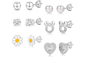 RANKEEF aretes de plata de ley 925 para niñas y mujeres, aretes hipoalergénicos, aretes de aro de, bola de, mariposa, margarita, juegos de aretes para adolescentes y niños pequeños, Plata de ley