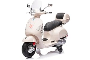 Mondial Toys Moto Elettrica per Bambini 12V con Licenza Ufficiale Vespa Piaggio – Modello GTS Super, Luci LED, MP3, Sedile in Pelle, Bauletto – Bianco