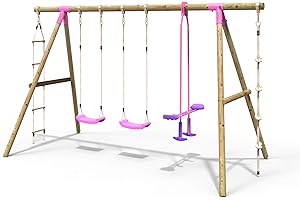 Rebo® Children's Wooden Garden Swing Set - Saturn Pink | OutdoorToys | Pressure Treated Timber, Soft Feel Ropes, Twin Seat Glider, Sturdy Construction for Kids