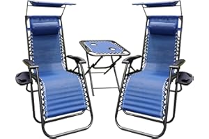 COSMO BUY Set of 2x Zero Gravity Chair with Sun Shade, Cup Holder, Table, Outdoor Sun Lounger Recliner Padded headrests Ideal for Pool, Outdoor Beach and Garden, Terrace (Blue)