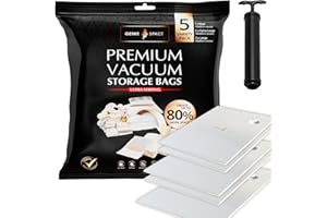 GENIE SPACE Sacs de Rangement Sous Vide - Assortiment de 5 | 1 Maxi, 2 Extra Large, 2 Large| Sac Gain de Place Premium Hermétique Réutilisable pour Vêtements, Serviettes, Literie – Pompe Incl.