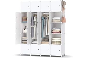 ‎HOMIDEC HOMIDEC Kleiderschrank, Tragbarer Regalsystem, 20 Würfel Schrank aus Kunststoff mit 2 Kleiderstange, Schlafzimmerschrank kleiderschrank Weiss für Schlafzimmer,180 x 142 x 45cm