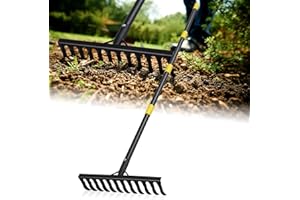 INFLATION Rake, 118 cm Bow Rake with 12 Tines, Long Handle Heavy Duty Garden Rake for Loosening Soil, Cleaning Leaves, Weeding, Thatch, Garden Tool