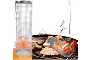 AMAZEFAN Zylindrischer Grillkorb Rauchnetz Grillzylinder Edelstahl für Gemüse Kolibrin Grillrolle Grilltrommel Grillnetz Pommes Drachenkind Drehspieß Grillkäfig Basket Rund BBQ Rolling Grilling