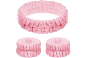Chuangdi 3 Stück Spa Gesicht Stirnband Handgelenk Waschbänder Set Weiches Makeup Haarband Elastisch Handgelenk Schweißband Flauschiges Kosmetik Stirnband für Damen Mädchen (Rosa, Reiner Stil)