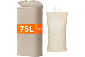 Lifewit Panier à Linge Etroit Sale 75 L, Corbeille Linge avec Sac Amovible et Poignée, Bac Linge Extra Plat avec Couvercle, Laundry Basket pour Chambre, Buanderie, Salle de Bain, Beige
