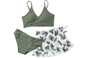 USAIBHIR Girls Swimsuit Bikini Set 3 Piece Bathing Suit Bikini with Skirt Cover Up Floral Printed Surfing Beach Swimwear 9-16 Years