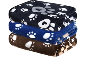 Awaytail 3 Pack Hundedecke,Superweiche Verdickte Flanelldecke für Haustiere,Flauschig Hund-Katze-Decke Waschbar,Hunde Decken für Kleine Hunde Niedlicher Pfotenabdruck,50 x 60 cm(Schwarz+Braun+Blau)