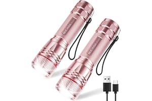 BUCASA Taschenlampe LED Aufladbar, 2000 Lumen Extrem Hell LED Taschenlampe mit 3 Modi, 2 Stück Zoombare Taschenlampe Kinder, Wasserdicht Langer Laufzeit Flashlight für Camping Outdoor Notfäll Rosa
