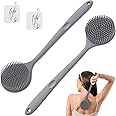 Manmihealth Silicone Back Scrubber for Shower 2 Pcs(Thick+Thin Bristles), 15'' Long Handle Body Scrubber, Light & Easy-to-Hold Shower Brush for Skin Exfoliating and Massaging with a Free Hook (Gray*2)
