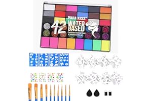 Zuzer Zestaw farb do malowania dla dzieci, 42 kolory, farba do twarzy, certyfikat nietoksyczny z szablonami, pędzelkami, brokatem i gąbkami itp., Farby do twarzy dla dzieci, imprezy, karnawały