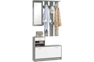 HOMCOM Set Mobili Ingresso Moderno con Scarpiera e Specchio, Appendiabiti da Ingresso con 6 Ganci, 2 Ripiani Regolabili e Cassetti in Legno per Corridoio, 90x24x177 cm, Bianco e Grigio Chiaro