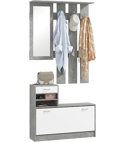 Set Ingresso 6 In 1 Con Scarpiera, Armadietto, 4 Ganci E Panca – 100x35x180 Cm, MDF Bianco, Antiribaltamento