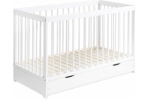 MOTO-MOLTICO Lettino Neonato 2in1 con Sponda regolabile e Cassetto - Lettino Bambino con 3 Sbarre Estraibili - Lettino in Legno con Barriera di Sicurezza - Trasformabile in Letto Bambini - 60x120 Bianco