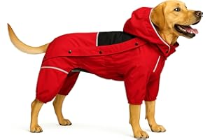 LOVELONGLONG Fleece-Lined Dog Raincoat with Removable Hood – Waterproof Winter Full Body Dog Jacket – Windproof Snowproof Cold-Weather Suit – Red-F L