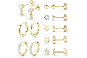 Adramata 8 Paia Orecchini Acciaio Inossidabile Cerchio Donna Oro Ipoallergenico Cartilagine Orecchio Helix CZ Set Uomo, Oro 14K/Argento
