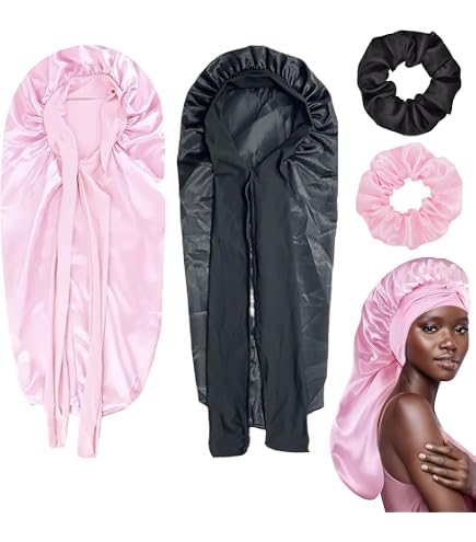 BONNET QUEEN Cuffia Seta Capelli Notte, Regolabili Cuffia Capelli Ricci Notte, Silk Bonnet con Lacci Lunghi e Bottone Lunga Protettiva Anti-Crespo, Rosa Acceso
