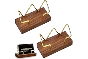 MEZOKUCEL Porta Biglietti da Scrivania, Porta Biglietti da Visita da Tavolo in Metallo Dorato Supporto per Biglietti da Visita in Noce Nera per la Casa L'Ufficio la Scuola (2 Legno)