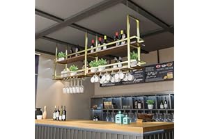 KEPMOGOH Portabottiglie da Soffitto - Mensola da Soffitto Porta Bicchiere da vino Sospeso, Portabottiglie da Appendere Industriale 2 strati per Cucina Bar Caffetteria, nero portabicchieri da vino 160×30×80cm