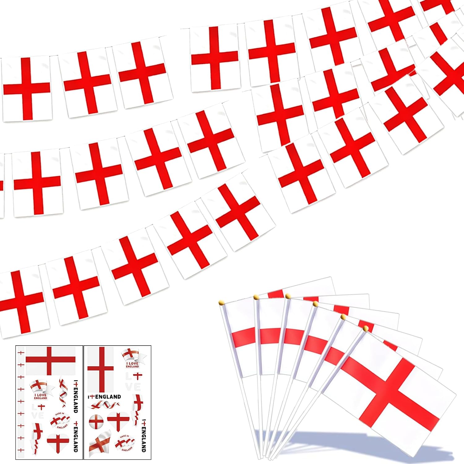 St George Bunting Flags 10m 20pcs Large Square Flags 22x30cm with 6 Hand Waving England Flag and 2 Tattoos St Georges Day Decorations England Flag Bunting for Football Rugby World Cup Outdoor Party