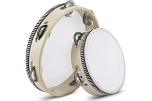 Flexzion Wood Handheld Tambourines - 8 and 6 Inch Set of 2 Pack, with Single Row Metal Jingle Bell (Wood) Hand Held Tambourine Percussion Drum Moon Musical Educational Toy Instrument for Adults