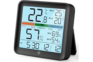 NOKLEAD Room Thermometer Hygrometer,Digital Indoor Thermometer with Max Min Records Light Air Comfort Clock Temperature Monitor Humidity Meter for Greenhouse Baby Room Bedroom,Black