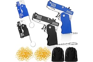 Herdear 2 Stück Klappbare Gummiband Pistolen Spielzeuge mit 120 Stück Weich Elastische Gummibänder Metall Faltbar Gummiwerfer Pistole Schlüsselanhänger für Weihnachten Erwachsene (Schwarz,Blau)