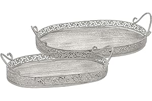 ETC dekoratives Tablett ovales Deko-Tablett mit Griffen Metall in Shabby grau Vintage Landhaus Optik (mittel)