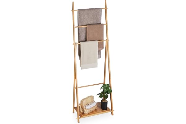 Relaxdays handdukshängare i bambu, 4 stänger, 1 hylla, natur