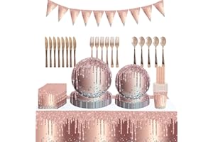 PIUMOJ Rosegold Partygeschirr Set, Rosegold Party Geschirr, Diamant Rosa Pappteller Set, Pappbecher, Tischtuch, Rosa Partyzubehör Set für Mädchen Geburtstag, 10 Gäste