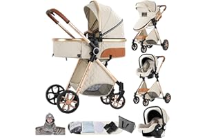 Prokoke Poussette 3 en 1, Poussette avec Réversible Deux Façons de Pousser, Pousette 3 en 1 avec Alliage d'aluminium à Cadre, Poussette Canne avec Conception Pliable en Un Clic (225 Creamy White)