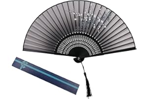 KAKOO Damen Handfächer mit Geschenkbox Chinesischer Blumen Stoff Fächer Bambusgriff Wandfächer Hochzeit Party Tanzen Fasching Weiß Blüten