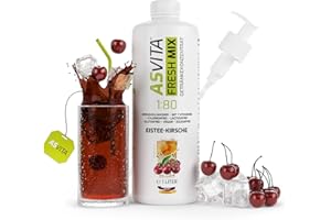 AsVita Getränkekonzentrat Fresh Mix 1:80-1L Flasche inkl. Dosierpumpe - Getränke Sirup zuckerfrei - 26 leckere Geschmacksrichtungen (Eistee-Kirsche)